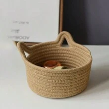 1 Pieza Organizador De Escritorio Con Orejas De Gato, Cesto De Almacenamiento Hecho A Mano Con Diseño De Dibujos Animados Para Las Llaves De La Sala De Estar/accesorios De Almacenamiento De Cuerda - Caqui - Ver 2