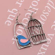 1對復古鳥籠造型吊墜耳環,不對稱鸚鵡和搪瓷裝飾耳環,適用於女性派對晚會節日禮物,時尚珠寶