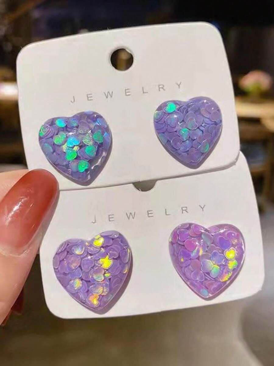 1對紫色心型耳環,獨特設計,簡單而優雅,適合女性日常佩戴,甜美可愛,校園風耳飾