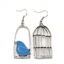 1對復古鳥籠造型吊墜耳環,不對稱鸚鵡和搪瓷裝飾耳環,適用於女性派對晚會節日禮物,時尚珠寶