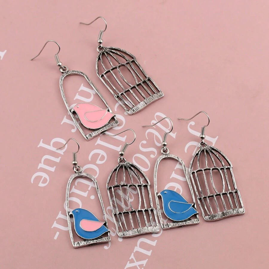 1對復古鳥籠造型吊墜耳環,不對稱鸚鵡和搪瓷裝飾耳環,適用於女性派對晚會節日禮物,時尚珠寶