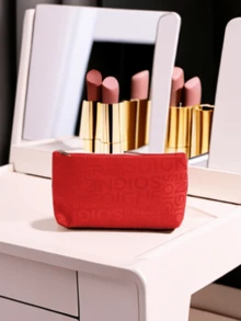 Bolsa De Maquillaje De Viaje Con Estampados De Letras, Bolsa De Tocador De Gran Capacidad Con Bolsa De Ducha Y Baño Multifuncional Y Organizador Portátil Con Cierre De Cremallera Para Lápiz Labial, Cepillos, Cuidado De La Piel, Teléfono Móvil, Monedas, Para Uso En Casa, Viaje, Vacaciones Y La Escuela - Rojo - Ver 1