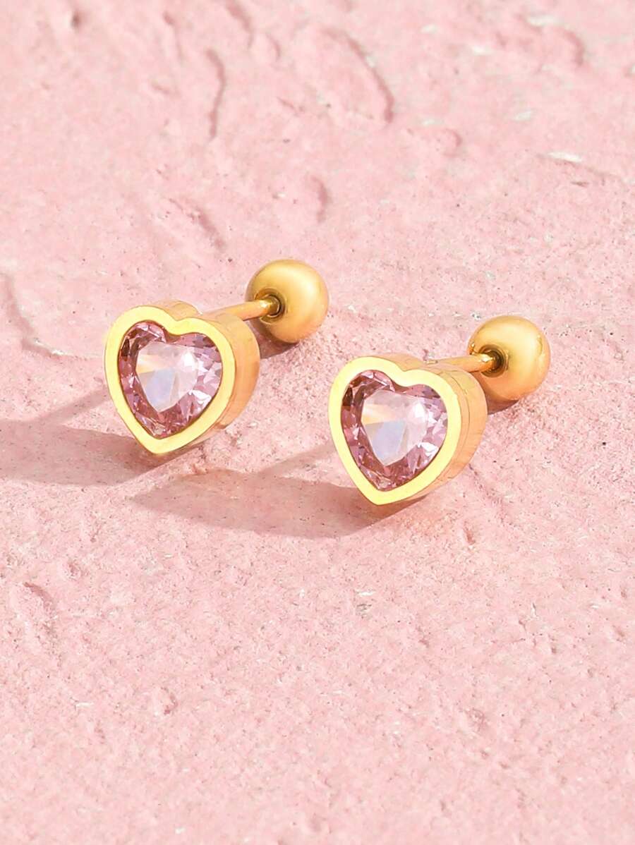 1 Pair Elegant Stainless Steel Cubic Zirconia Heart Stud Earrings, Minimalist & Fashionable, Suitable For Girls, Everyday Wear And Parties - Yellow Gold - View 1