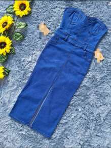 VESTIDO STRAPLESS MEZCLILLA STRECH - Azul lavado medio - Ver 3