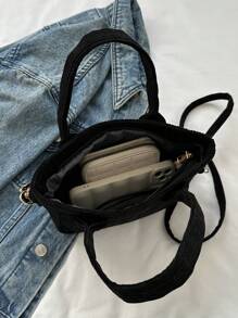 燈芯絨簡約經典手提包單肩包斜背包時尚小包適合明星女士情侶出遊上班週末度假旅遊 - 黑色 - 查看 7