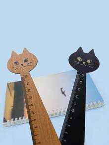 2pcs Creative Cat Cartoon Drawing Ruler Wooden Vintage Student Straight Ruler 15cm, Suitable For Students' Learning Supplies - Multicolor - View 3