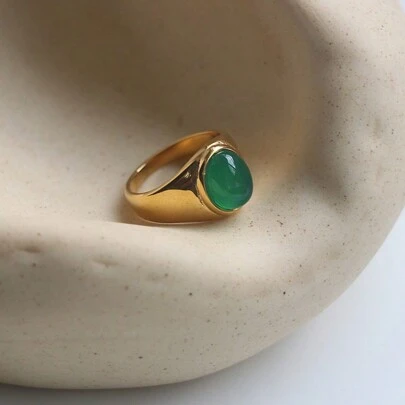 1 件 18K 镀金不锈钢简约玛瑙戒指，时尚派对礼物