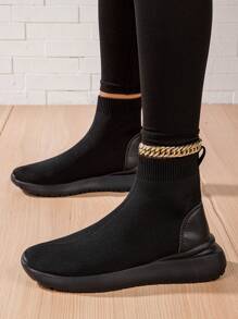 Women's Lightweight And Comfortable Black Knitted Casual Slip-on Socks Boots Flat Bottom Leisure Sports Style - Black - View 3