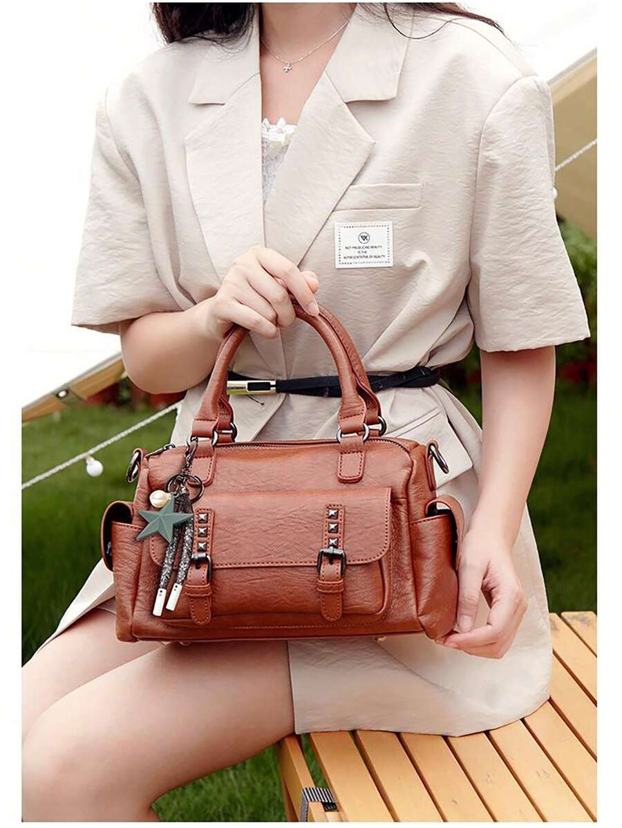 1只pu材質的女士單肩包,復古多口袋手提包、手拿包、時尚女士斜跨包、小肩包、波士頓包,適合四季日常使用、工作、休閒、派對等場合