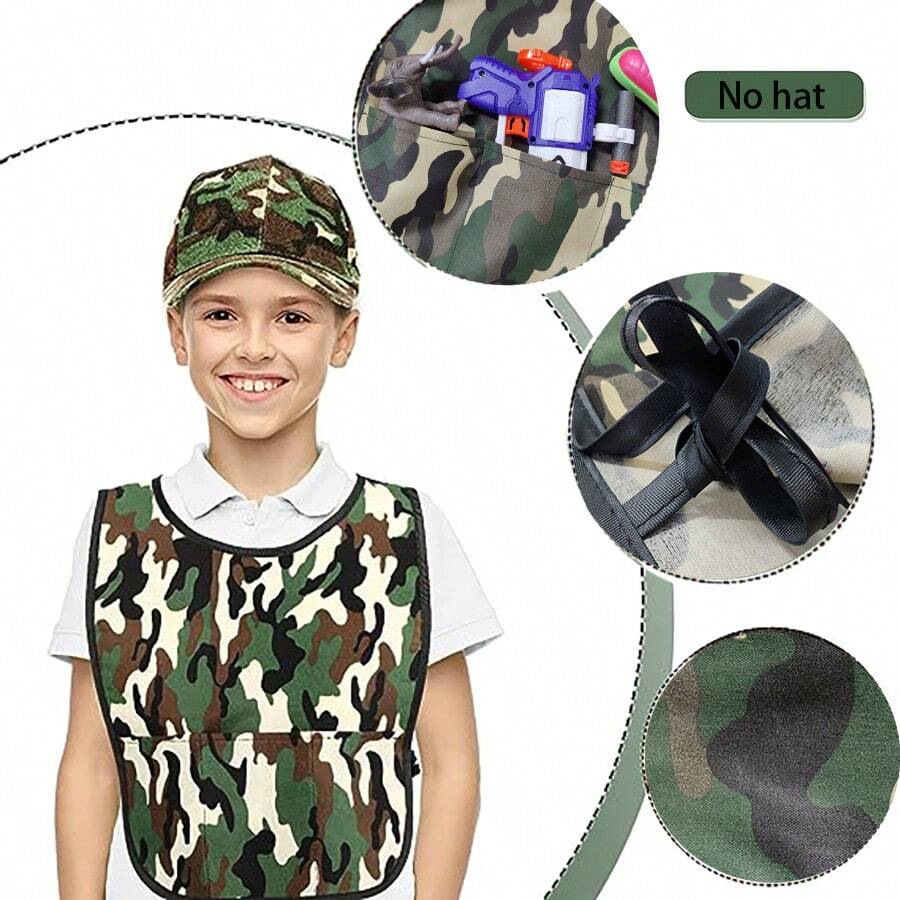 1件迷彩背心兒童士兵服裝,適用於兒童角色扮演派對、畢業派對,6-12歲兒童道具服裝