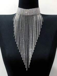 1pc Gorgeous Exaggerated Rhinestone Long Tassel Blingbling Party Necklace For Women - Silver - View 3