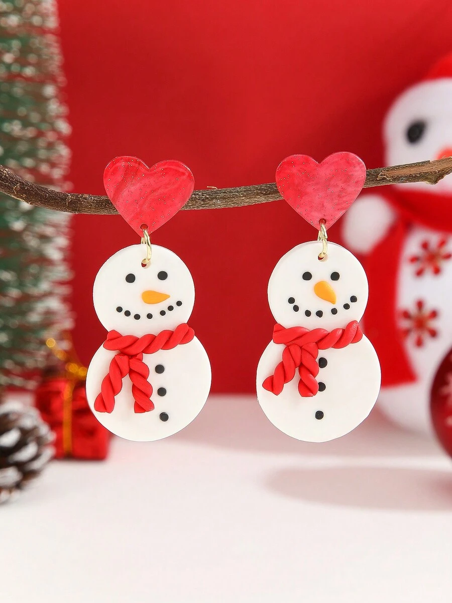 1對可愛的聖誕雪人形手工聚合物粘土吊墜耳環,適用於女性,聖誕派對