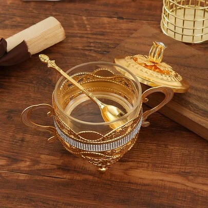 A Set Of Metal European Pattern Sugar Cups With Lids And Spoons, Fashionable Geometric Kitchen Party Picnic Creative Seasoning Candy Creamer Storage Jar,Kitchen,Christmas Gift,School Supplies