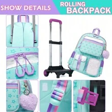 1 pieza Mochila trolley multiusos verde con estampado de pentagrama para niñas - Verde - Ver 5