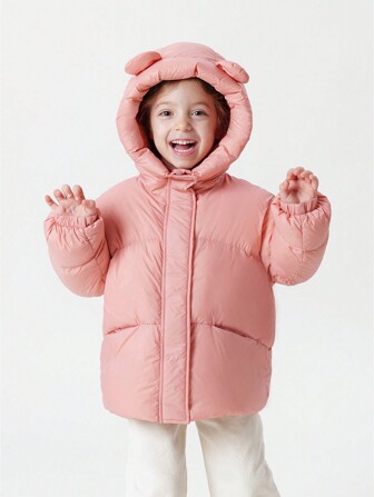 Girls' Stylish And Cute Hooded Three-defense Ultra-light Warm Down Jacket With Little Ears, Winter