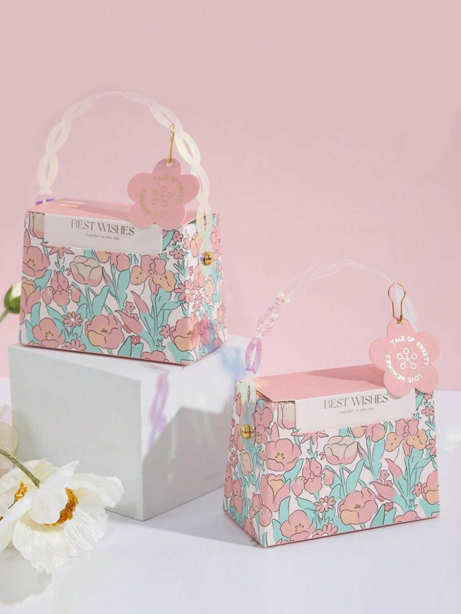 1pc Party Favor Mini Gift Box With Handle - Pink - View 1