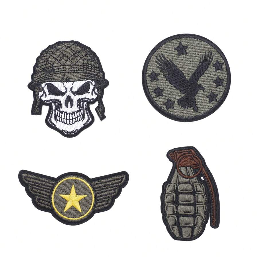 4 piezas Parches bordados decorativos para coser/planchar, diseños bordados, parche militar DIY para gorra, ropa, bolso, apliques de bordado - Negro - Ver 1
