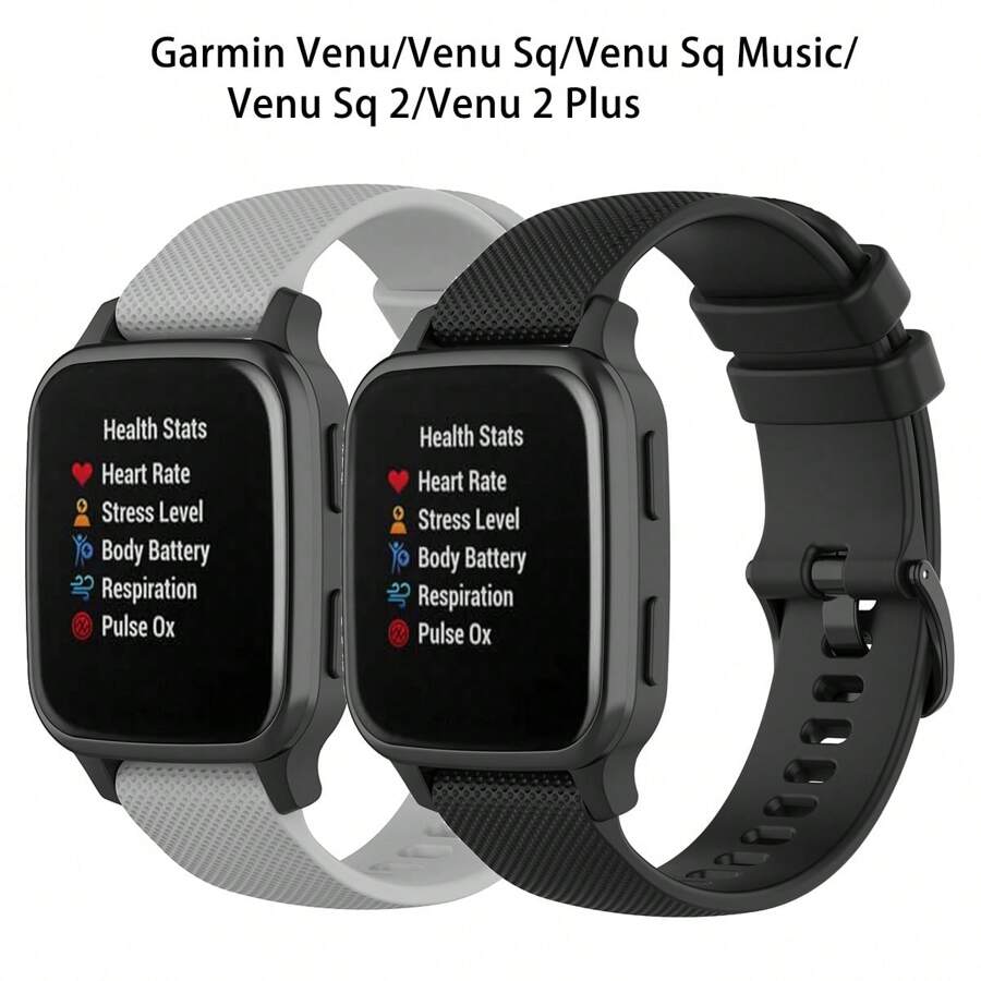 2入組適用於garmin Venu/venu Sq/venu Sq Music/venu Sq 2/venu 2 Plus的替換手帶,柔軟矽膠快拆錶帶,20/22mm - 黑色 - 查看 1