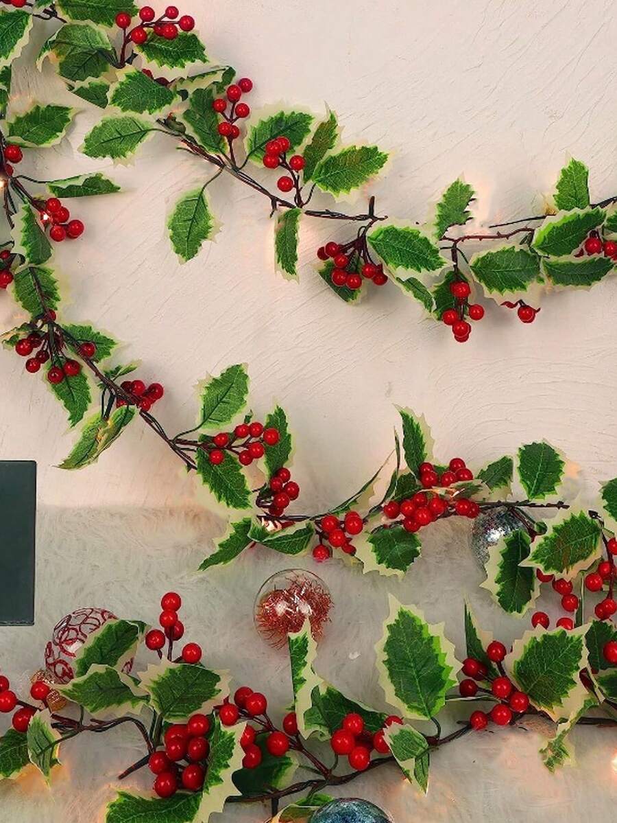1入組170cm聖誕裝飾花圈,預先裝飾紅色漿果冬青葉花圈,室內室外壁爐門家居冬季新年裝飾