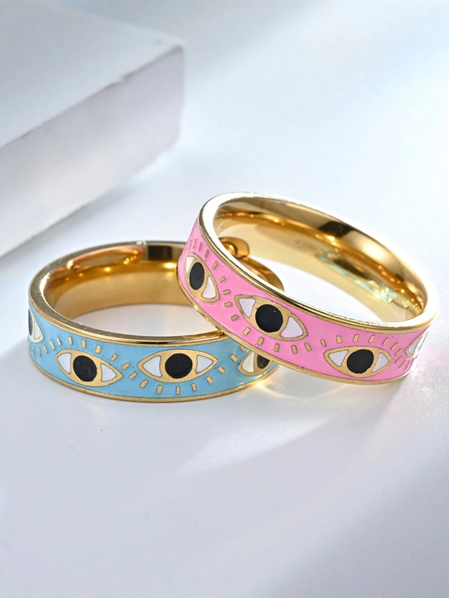 1pc Fashionable Eye Shaped Stainless Steel Ring Suitable For Couples' Daily Wear - Baby Blue - View 1