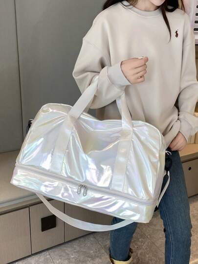 多口袋大容量防水女士手提包旅行行李包时尚 Y2K 全息闪光旅行包简约返校旅行健身包露营巡航徒步旅行必备品返校夏季学校包学校配件学校用品