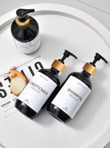 3pcs 500ml Pet Plastic Refillable Bottle Set For Shampoo, Shower Gel, Body Lotion, Hand Soap With Bamboo Pump Dispenser Home Bathroom Decor Fall Decor Back To School - Black - View 3