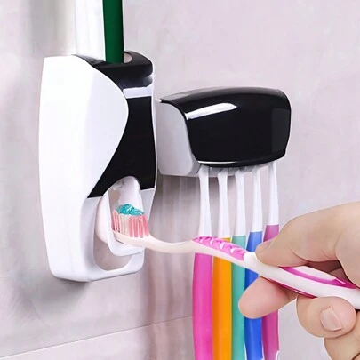 1 pieza Dispensador de pasta de dientes montado en la pared automático con ranuras RT5 y RT2 - Soporte de cepillo de dientes conveniente e higiénico, adecuado para el baño, almacenamiento y organización del baño