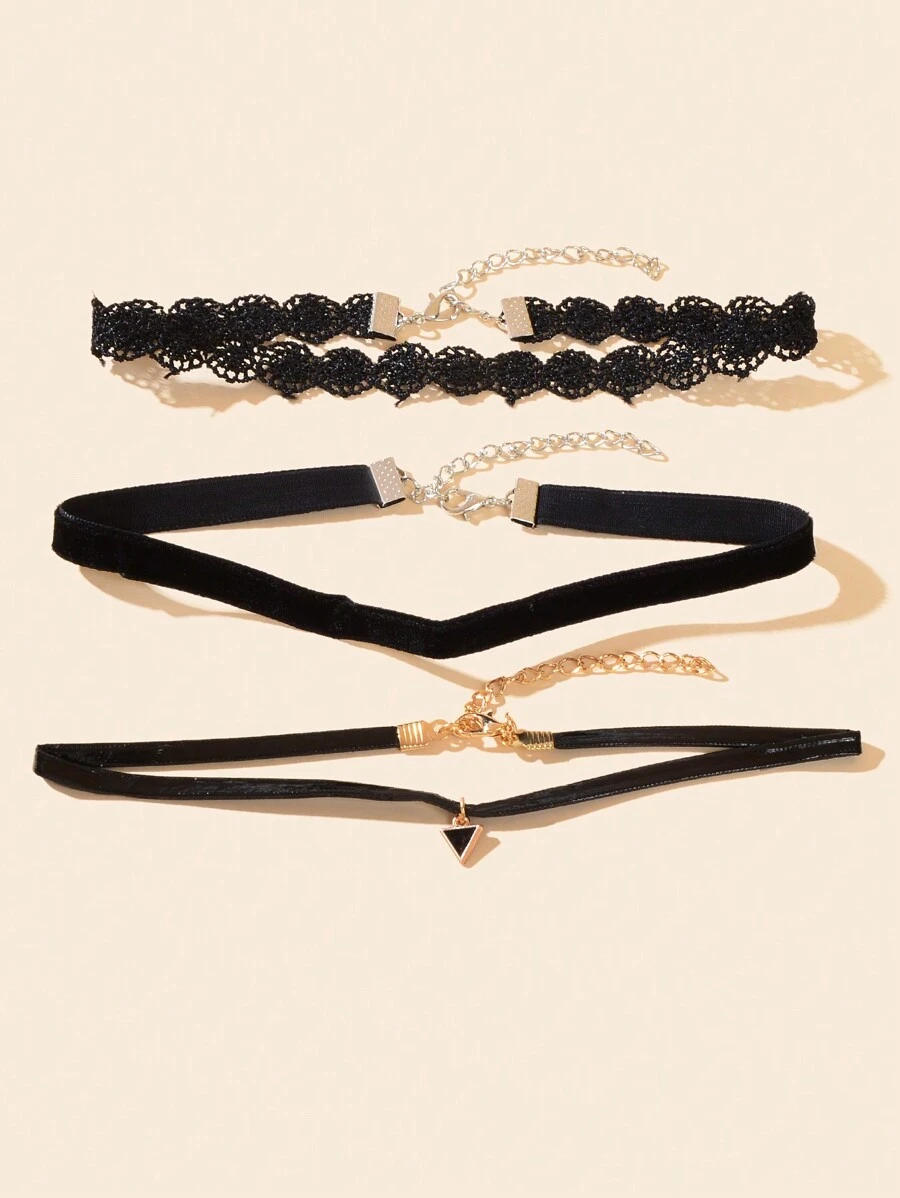 3 件套复古黑色蕾丝天鹅绒纹身颈链套装女士派对节日饰品 - 黑色 - 查看 1