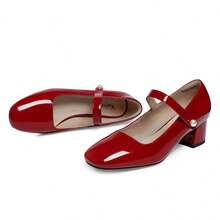 Naiyee Mary Jane Shoes Women Chunky Heel Ankle Strap Dress Shoes for Women Low Heels Close Rounded Toe Pumps - 紅色 - 查看 3