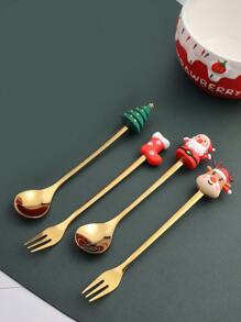 4pcs/Set Cute Cartoon Stainless Steel Christmas Gift Character Shaped Spoon And Fork Set