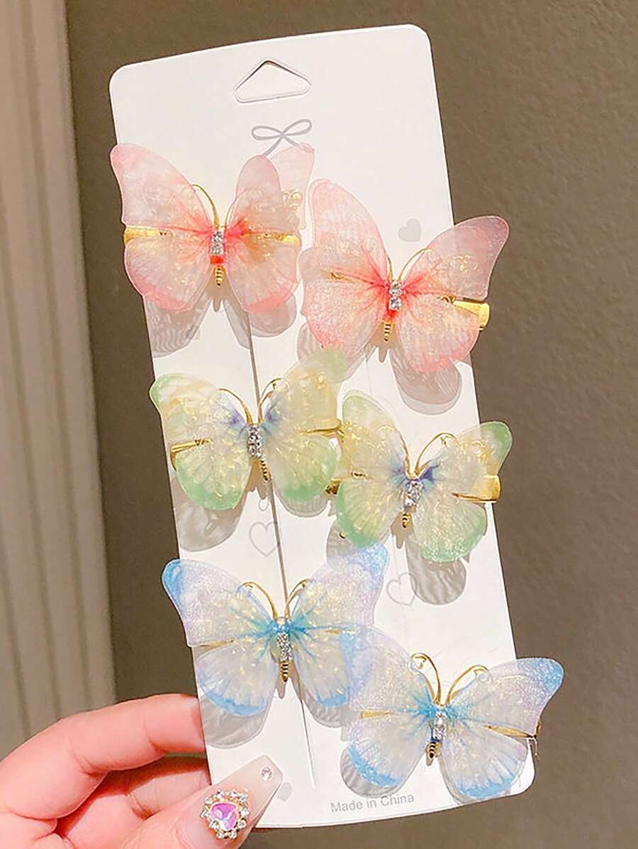 6入組蝴蝶髮夾,可愛的公主打扮必備 - 彩色 - 查看 1
