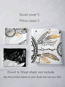 3pcs/set Fashionable Black & White Dreamcatcher Pattern Printed Duvet Cover Set
