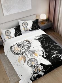 3pcs/set Fashionable Black & White Dreamcatcher Pattern Printed Duvet Cover Set