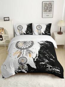 3pcs/set Fashionable Black & White Dreamcatcher Pattern Printed Duvet Cover Set