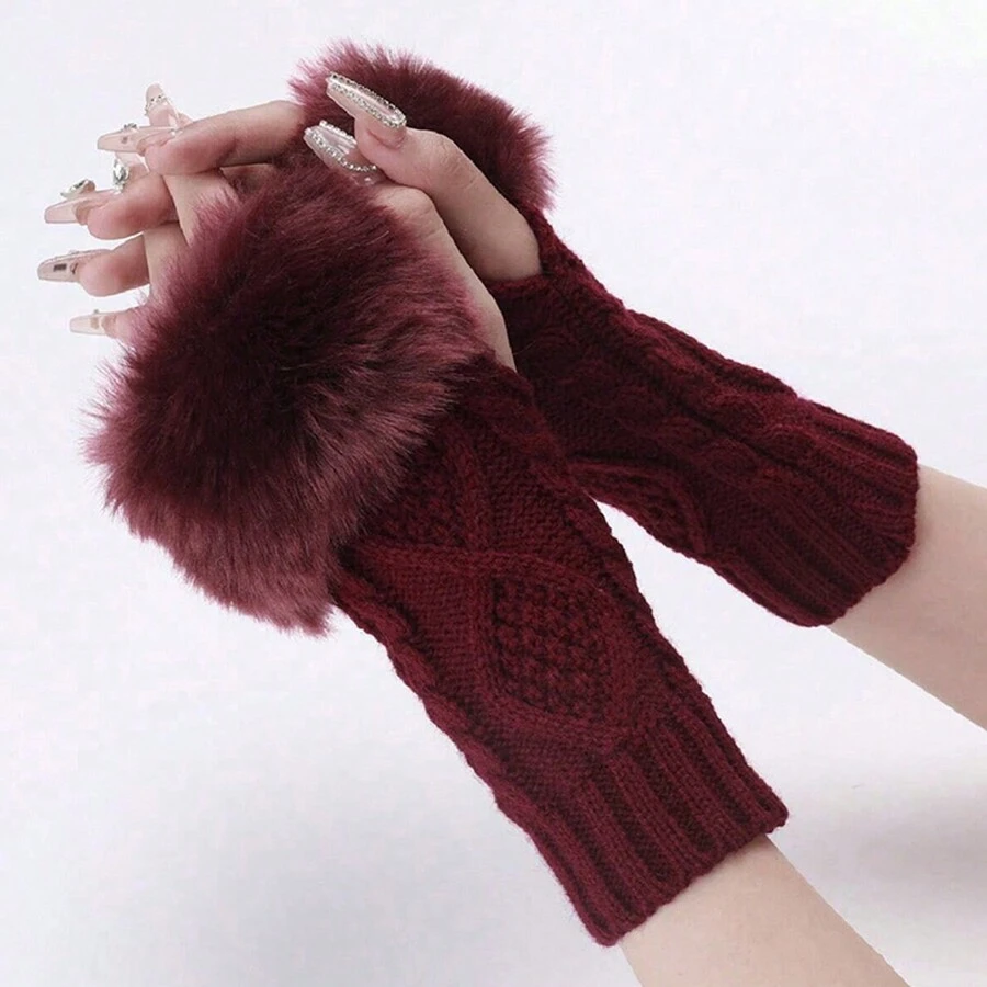 1對女士黑色無指織手套帶褶邊,秋冬季保暖時尚