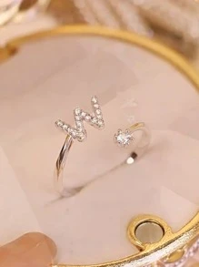 1入組精美優雅立體氧化鋯字母戒指，開口可調式女性女孩紀念基本戒指母親節，聖誕節禮物 - 銀色 - 查看 2