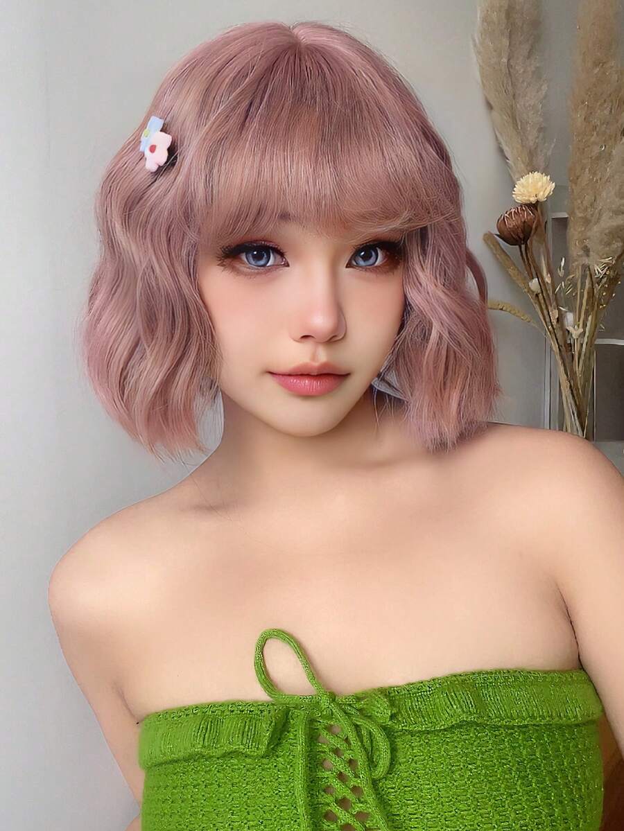 alicegarden 1 件合成耐热、粉色假发刘海短波浪假发，10 英寸长，由纤维制成，时尚假发，自然逼真的假发（不包括配件）