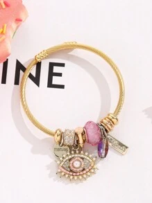 1pc Stainless Steel Bracelet With Crystal Teardrop, Demon Eye & Lipstick Charm Pendant, Round Tag, Good For Holiday Gift & Friends - Pink - View 2