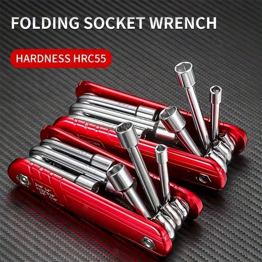 6-In-1 Foldable Sleeve Wrench Set, Multi-Functional Portable SAE Or Metric Spanner, Household Repair Tool - Red - View 1