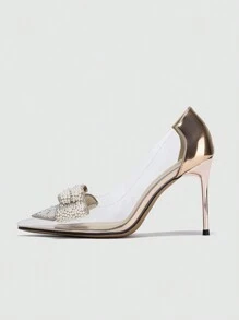 Tacones de aguja con puntera puntiaguda, decorados con mariposa, perlas falsas y flores, estilosos tacones champán para San Valentín - Champán - Ver 6
