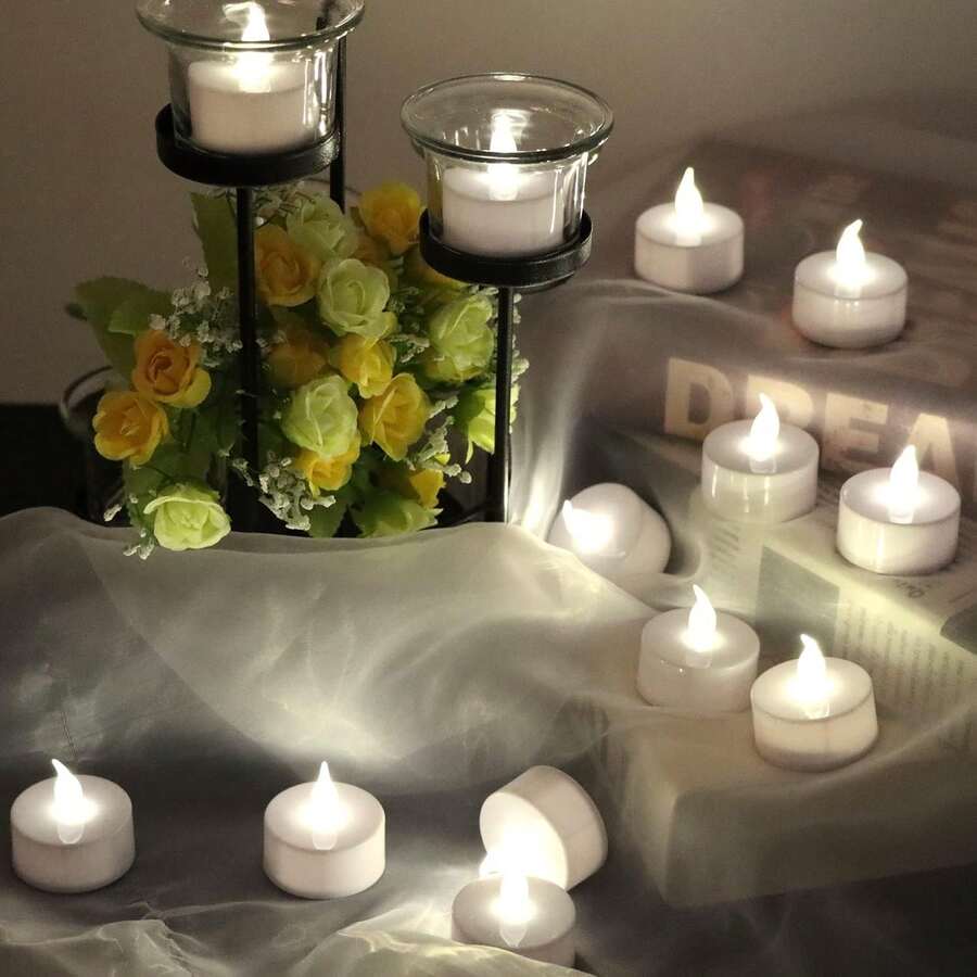 無焰蠟燭,假 Led 蠟燭茶燈電池供電電動閃爍茶燈許願蠟燭用於中心餐桌裝飾,婚禮,週年紀念,萬聖節,聖誕節(暖白色) - 白色 - 查看 1