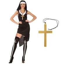 4 件套女士服装配饰，天主教修女服装帽子金色吊坠项链膝盖大腿高筒袜适合角色扮演派对万圣节 - 黑色 - 查看 2