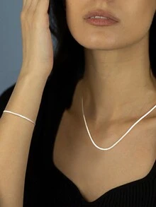 2pcs/Set Snake Bone Necklace & Bracelet For Women 925 Sterling Silver Simple Blade Chain Fine Jewelry Set For Daily Life Decor