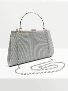 優雅女式晚宴手提包,簡約淑女風褶皺方形設計,閃亮高端,適用於婚禮 - 銀色 - 查看 3