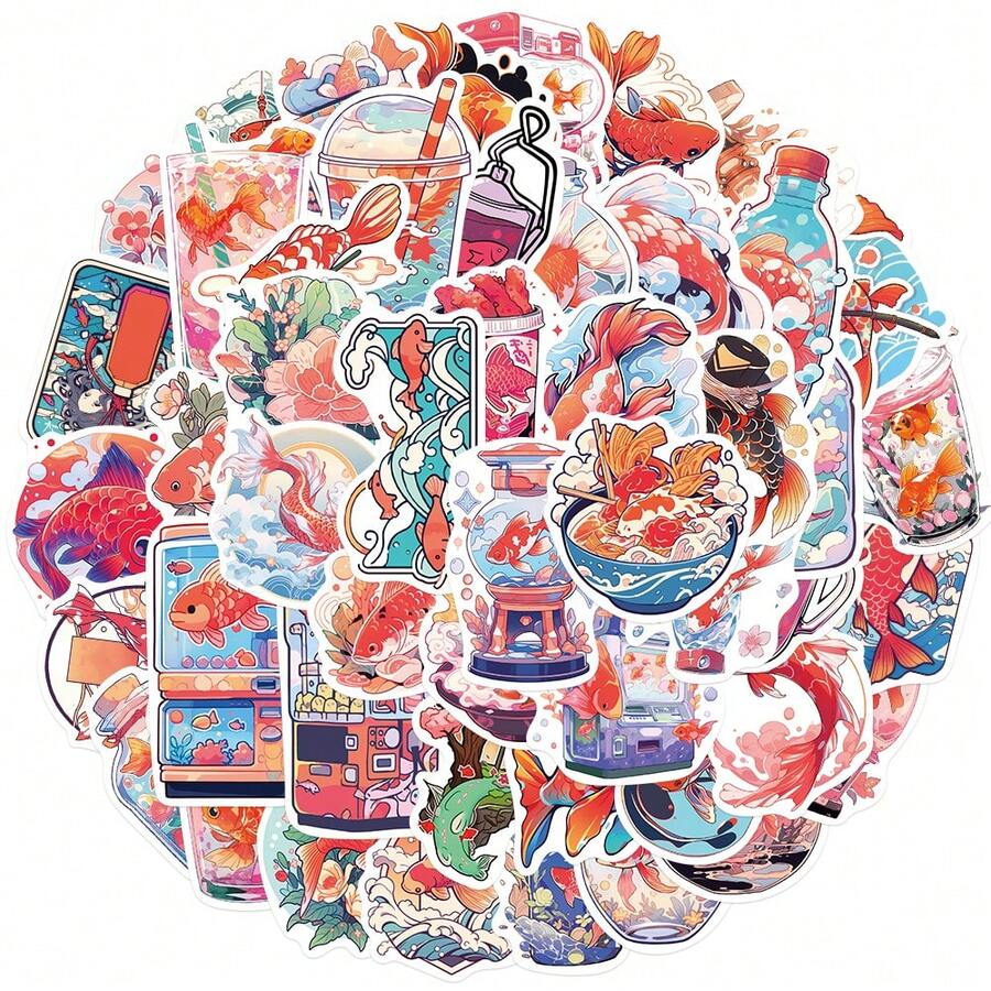 50入組/袋錦鯉金魚防水diy創意涂鴉貼紙,適用於吉他滑板車水壺槓頭盔雪板筆記本電話殼冰箱門行李箱塗鴉貼紙,完美的聖誕禮物 - 彩色 - 查看 1