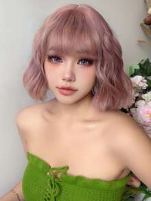alicegarden 1 件合成耐热、粉色假发刘海短波浪假发，10 英寸长，由纤维制成，时尚假发，自然逼真的假发（不包括配件）
