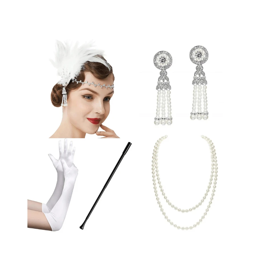 1套5入組女士1920年代靈感合金頭箍,羽毛和葉子和人造珍珠裝飾,復古流蘇耳環,緞面手套和香煙支架套裝,偉大的蓋茨比派對服飾配件