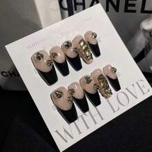 Maillard 手工美甲和可穿戴假指甲，法式风格，Ins 风格，可拆卸指甲贴纸，10 件装 - 黑色 - 查看 3