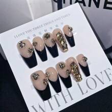 Maillard 手工美甲和可穿戴假指甲，法式风格，Ins 风格，可拆卸指甲贴纸，10 件装 - 黑色 - 查看 1