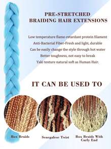 淺藍色預拉伸延長編織頭髮40 英寸裝1 根低溫阻燃合成頭髮jumb 編織接發專業合成纖維鉤針多色麻花辮子,適合婦女和兒童日常假期和角色扮演編織服裝柔軟燒質地,熱水設置165 克/包裝編織接髮作為萬聖節和聖誕節禮物